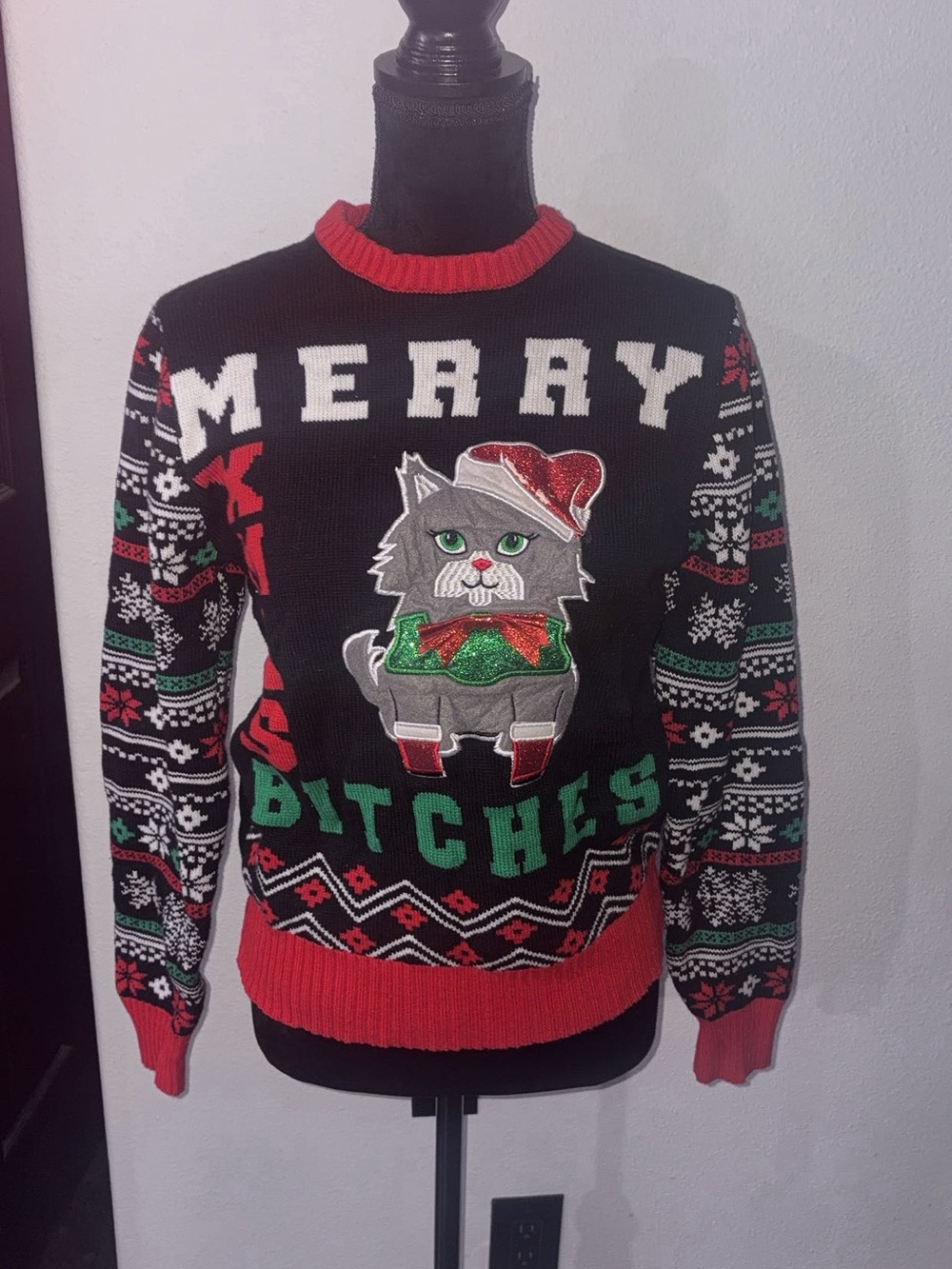 Spencer's Black Holiday Crewneck Cat Sweater with Red & Green Accents
